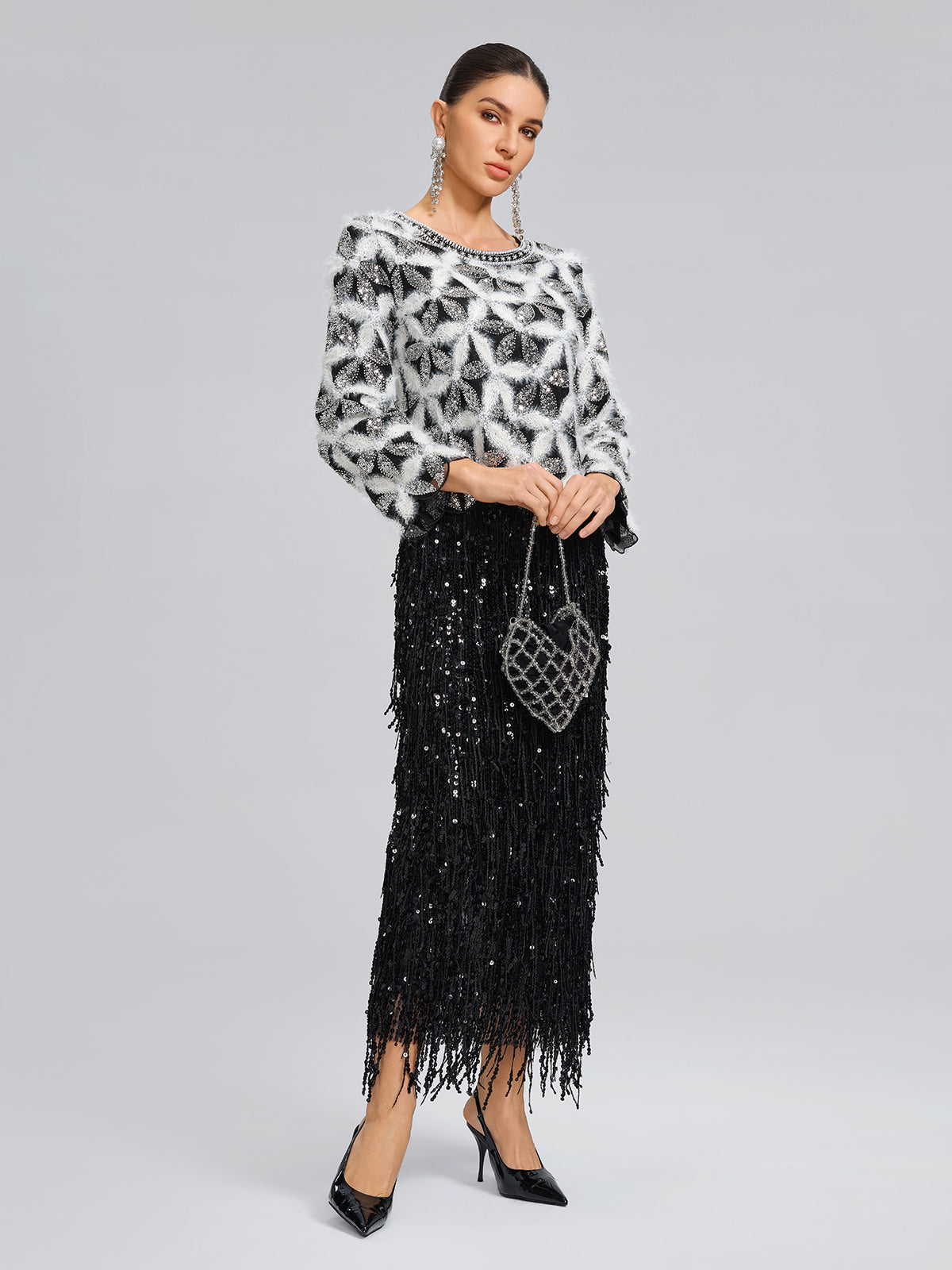 Beaded Floral Long-Sleeve Knit Sweater