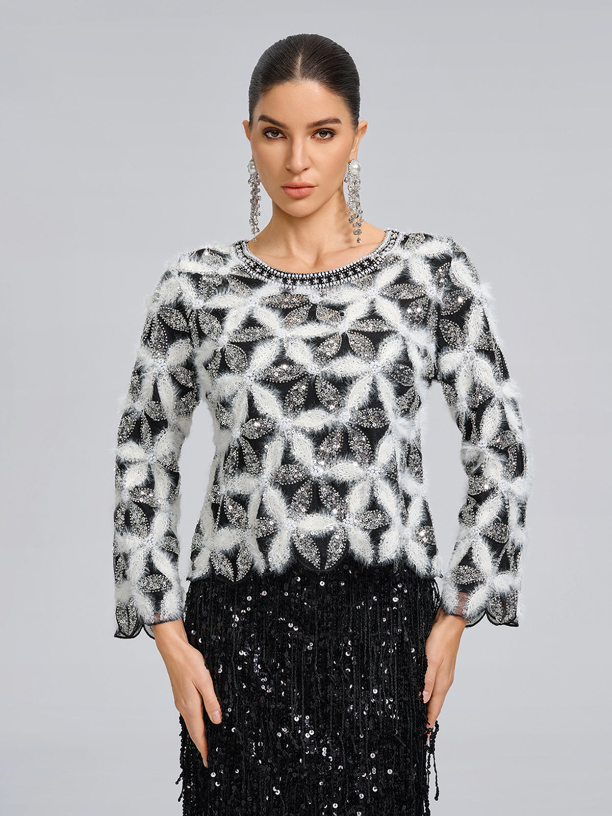 Beaded Floral Long-Sleeve Knit Sweater