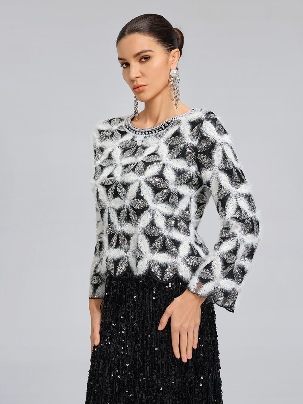 Beaded Floral Long-Sleeve Knit Sweater