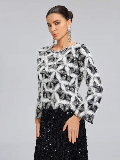 Beaded Floral Long-Sleeve Knit Sweater