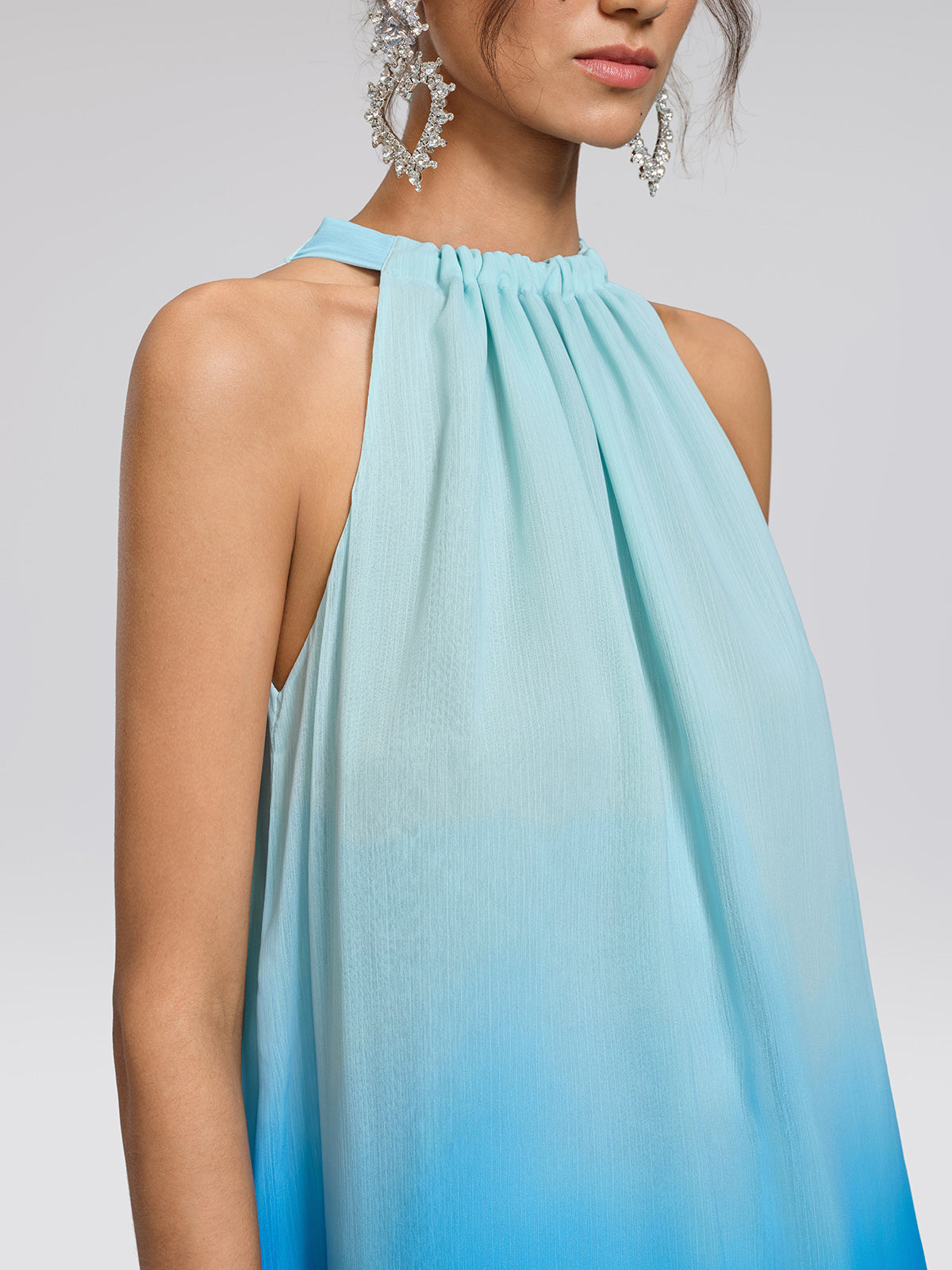 Pleated-Neck Tie-Detail Gradient Maxi Dress (Waist Tie Included)