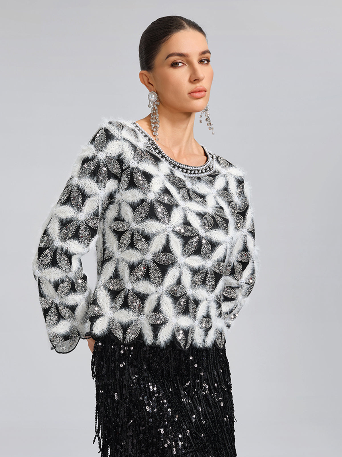 Beaded Floral Long-Sleeve Knit Sweater