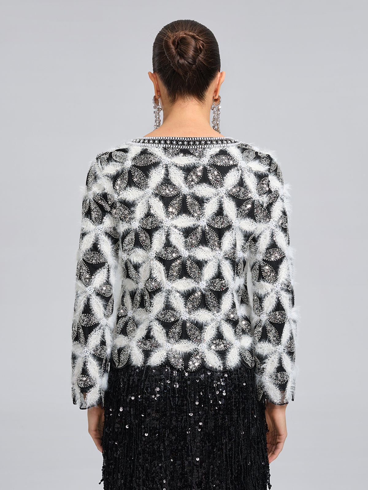 Beaded Floral Long-Sleeve Knit Sweater