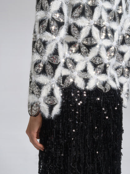 Beaded Floral Long-Sleeve Knit Sweater