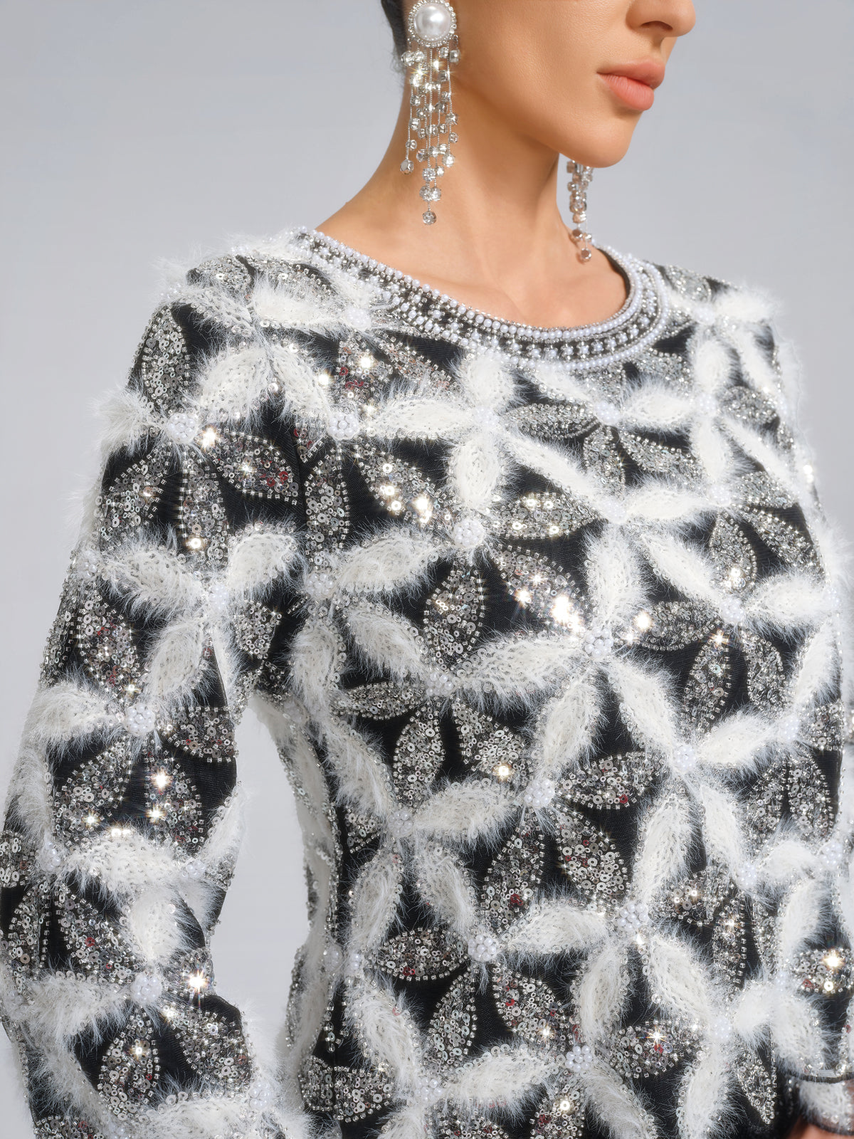 Beaded Floral Long-Sleeve Knit Sweater