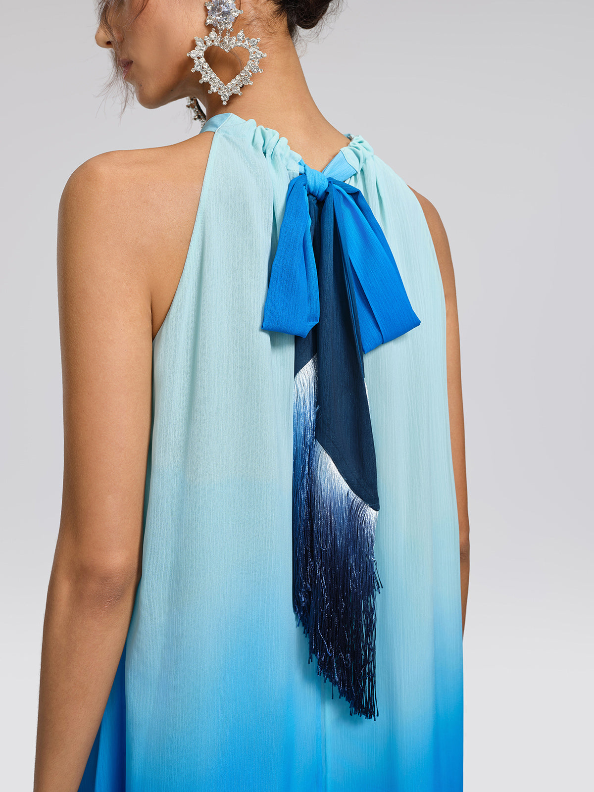 Pleated-Neck Tie-Detail Gradient Maxi Dress (Waist Tie Included)