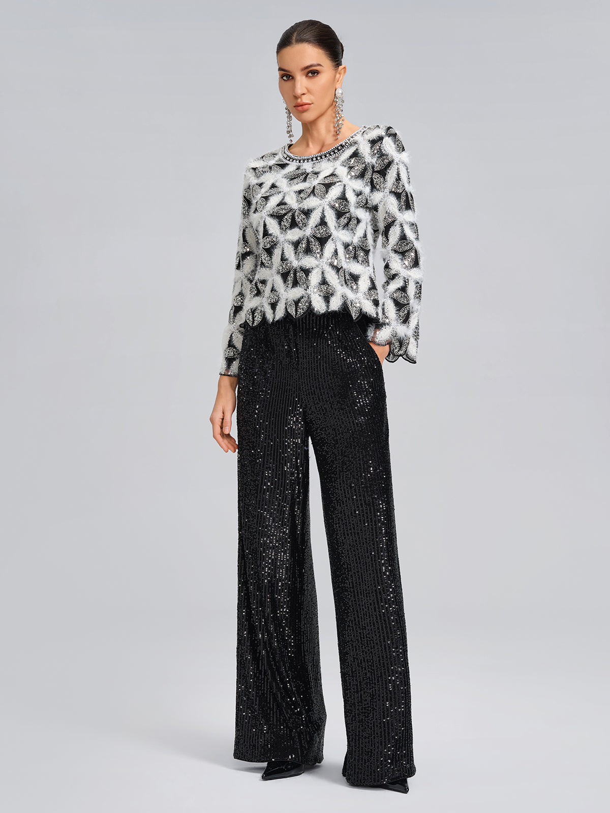 Beaded Floral Long-Sleeve Knit Sweater