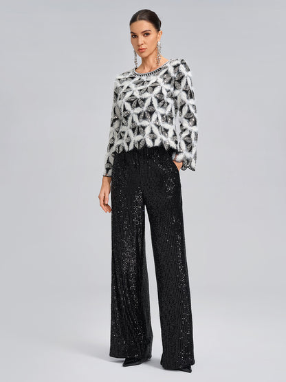 Beaded Floral Long-Sleeve Knit Sweater