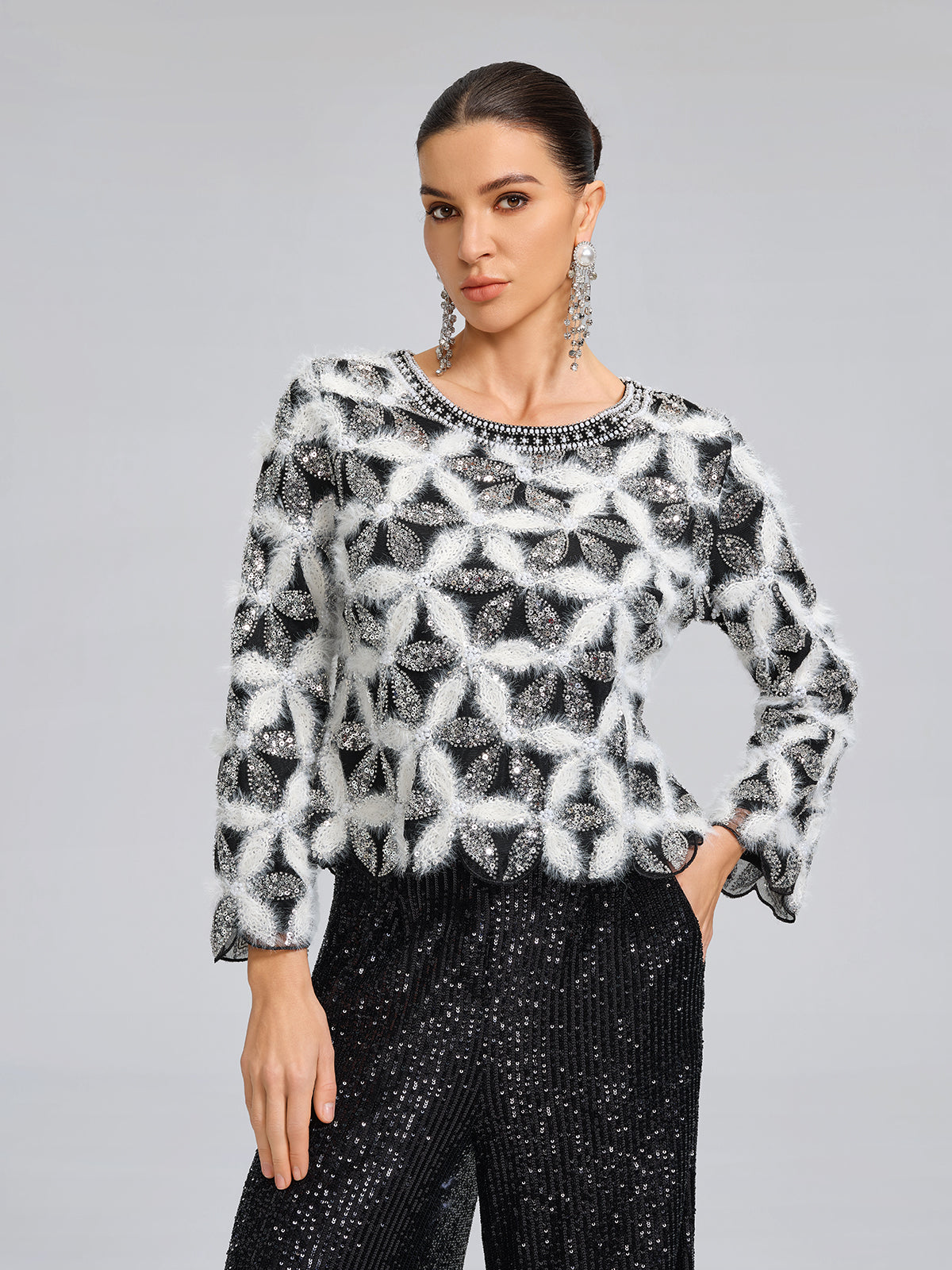 Beaded Floral Long-Sleeve Knit Sweater