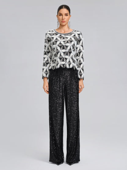 Beaded Floral Long-Sleeve Knit Sweater