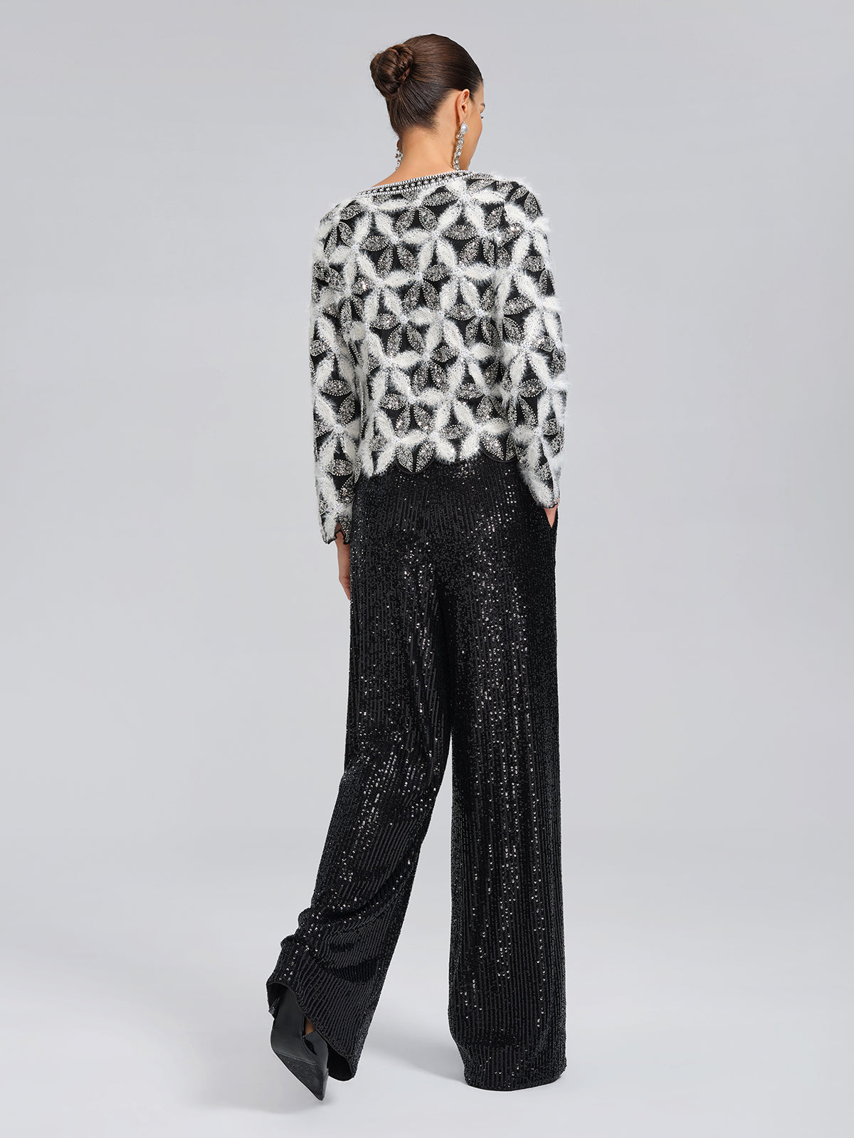 Beaded Floral Long-Sleeve Knit Sweater