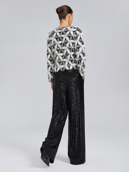 Beaded Floral Long-Sleeve Knit Sweater