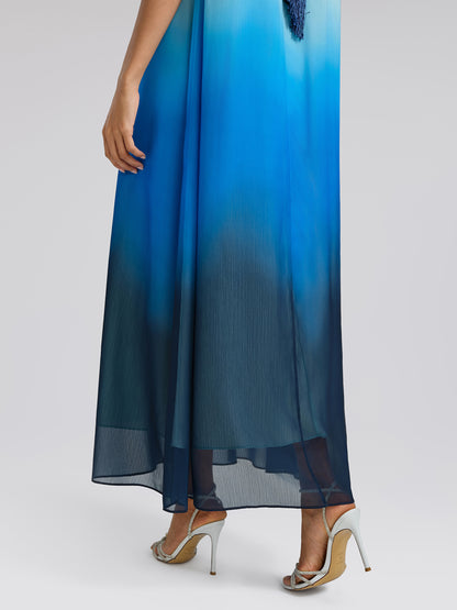 Pleated-Neck Tie-Detail Gradient Maxi Dress (Wasit Tie Included)