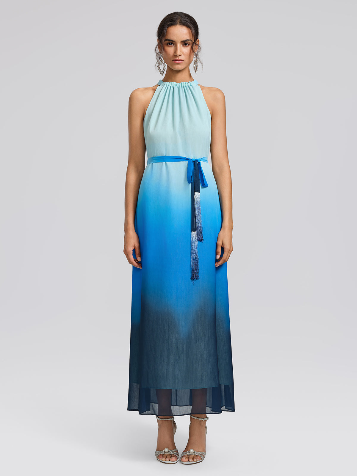 Pleated-Neck Tie-Detail Gradient Maxi Dress (Waist Tie Included)