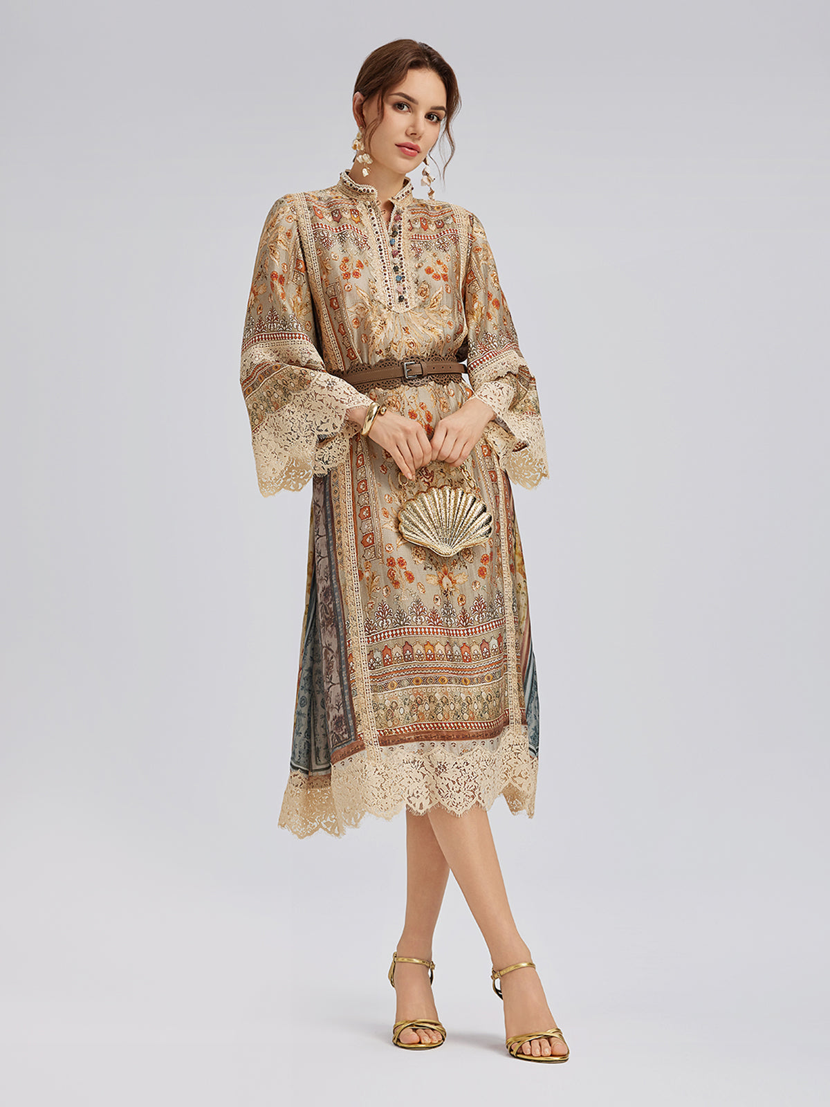 Artistic Botanical Print Lace-Trim Dress (Belt Included)