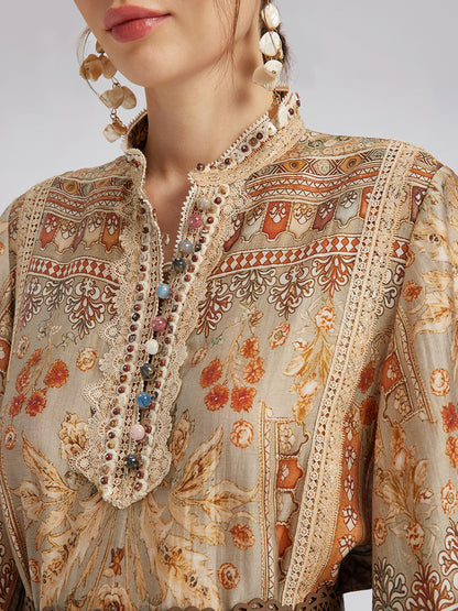 Artistic Botanical Print Lace-Trim Dress (Belt Included)