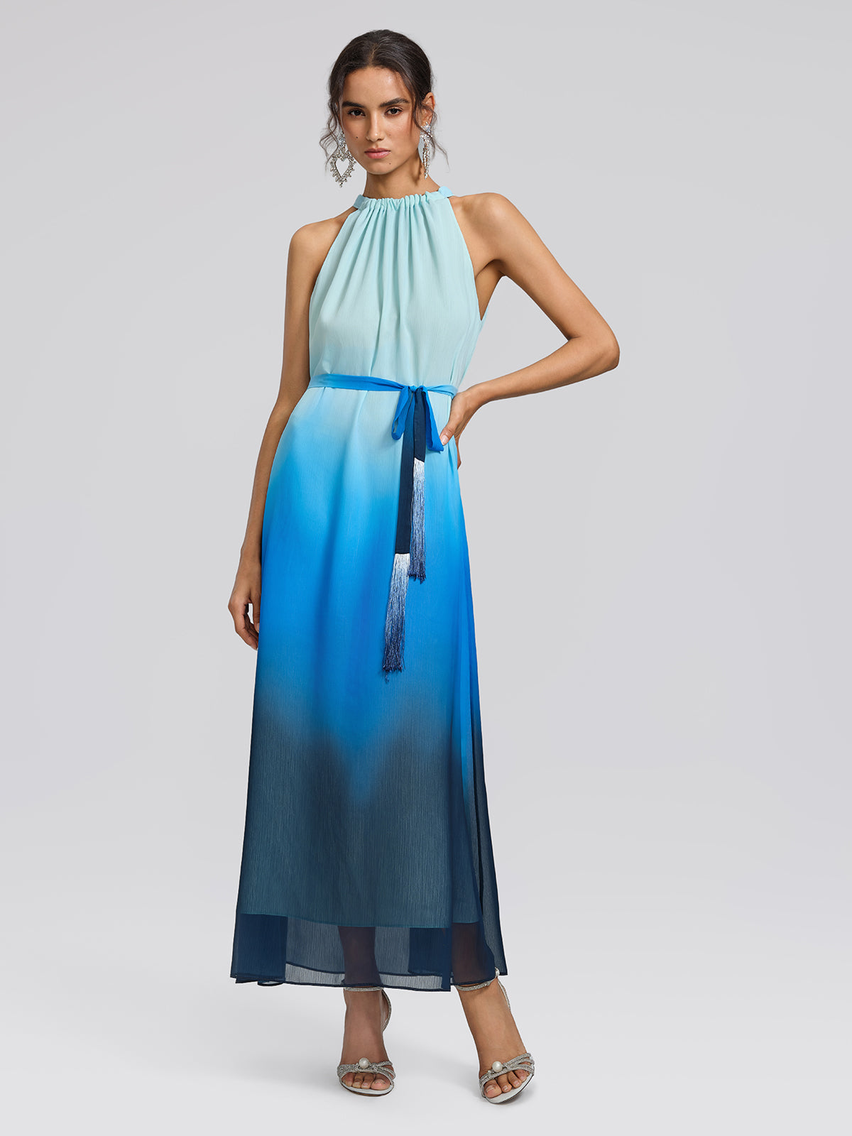 Pleated-Neck Tie-Detail Gradient Maxi Dress (Waist Tie Included)