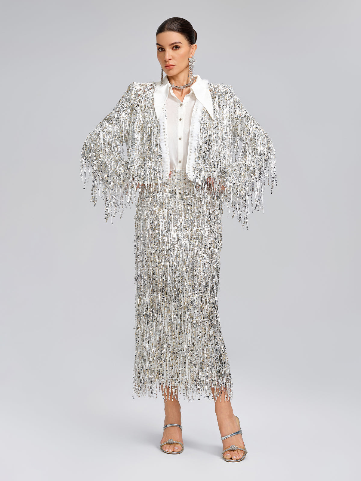 Sequined Beaded Fringe Cropped Jacket