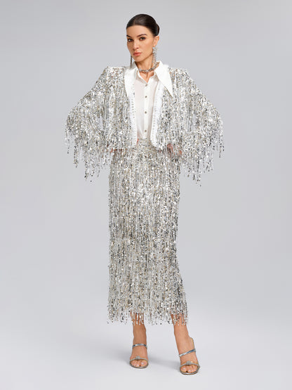 Sequined Beaded Fringe Cropped Jacket