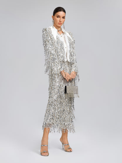 Sequined Beaded Fringe Cropped Jacket