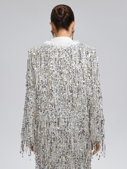 Sequined Beaded Fringe Cropped Jacket
