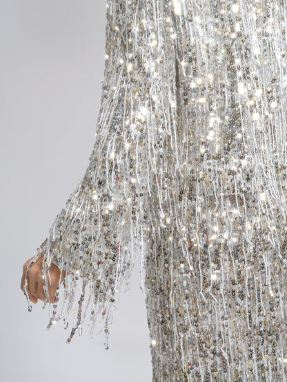 Sequined Beaded Fringe Cropped Jacket