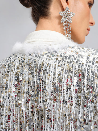 Sequined Beaded Fringe Cropped Jacket