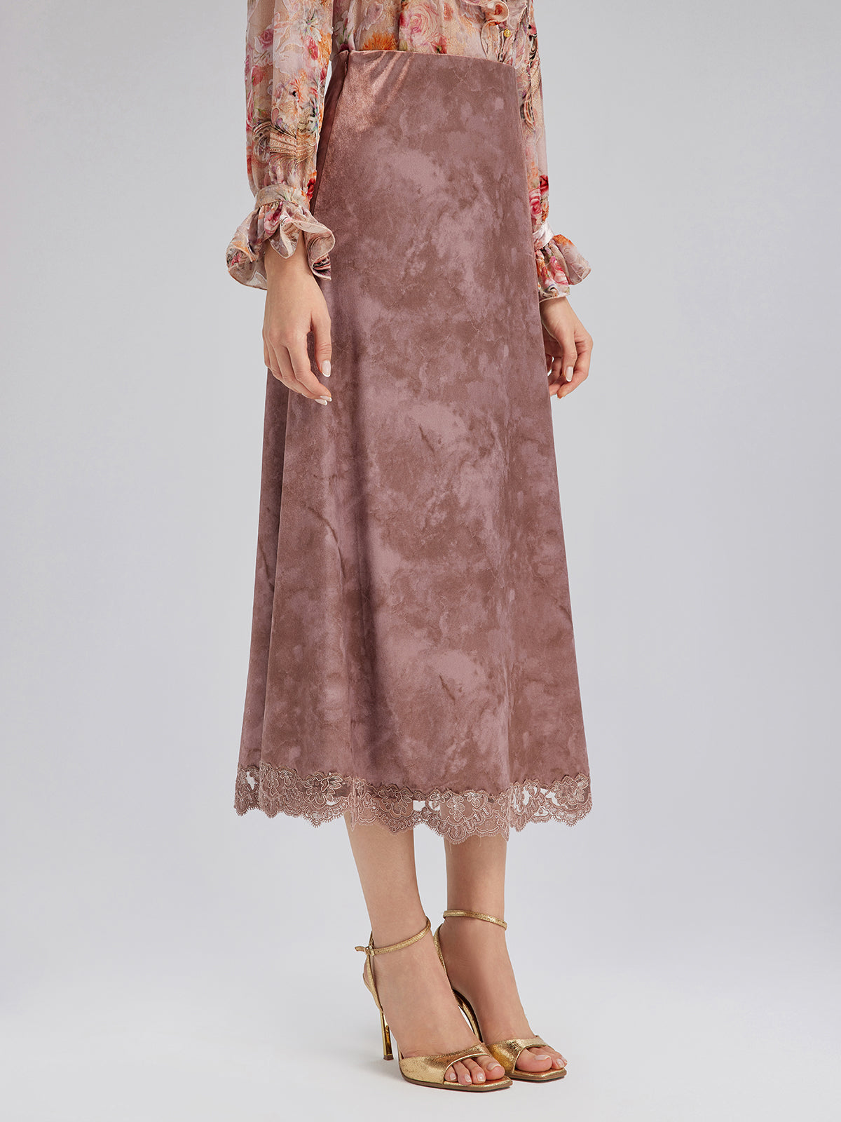 Chestnut Velvet Lace-Trim Fishtail Skirt