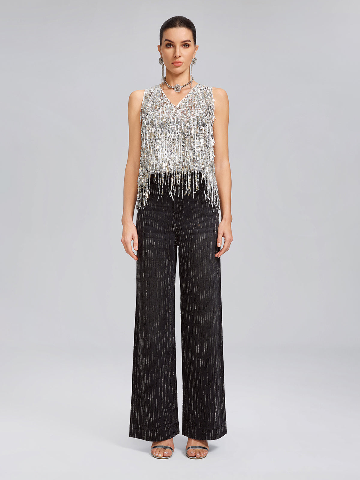 Vertical Stripe Rhinestone Jeans