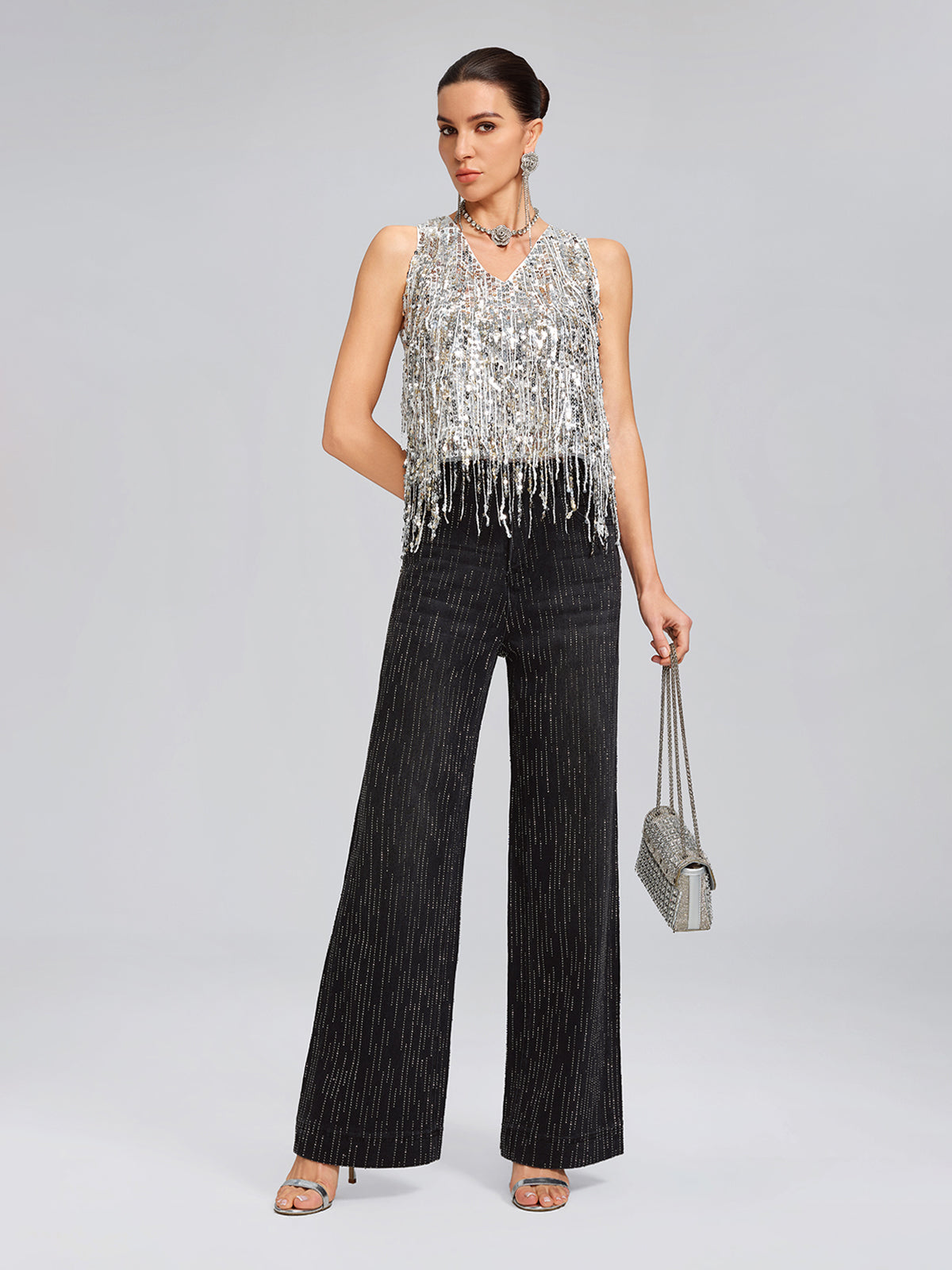 Vertical Stripe Rhinestone Jeans