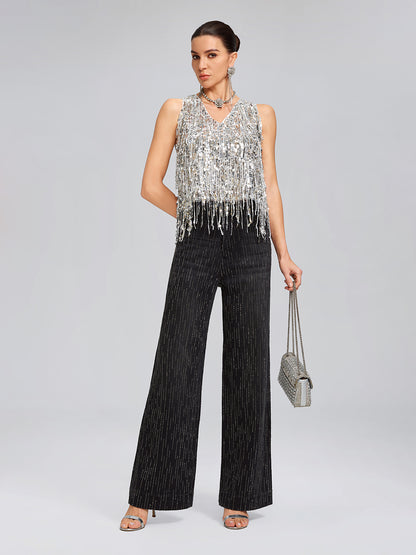 Vertical Stripe Rhinestone Jeans