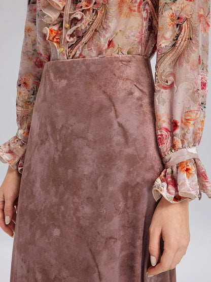 Chestnut Velvet Lace-Trim Fishtail Skirt