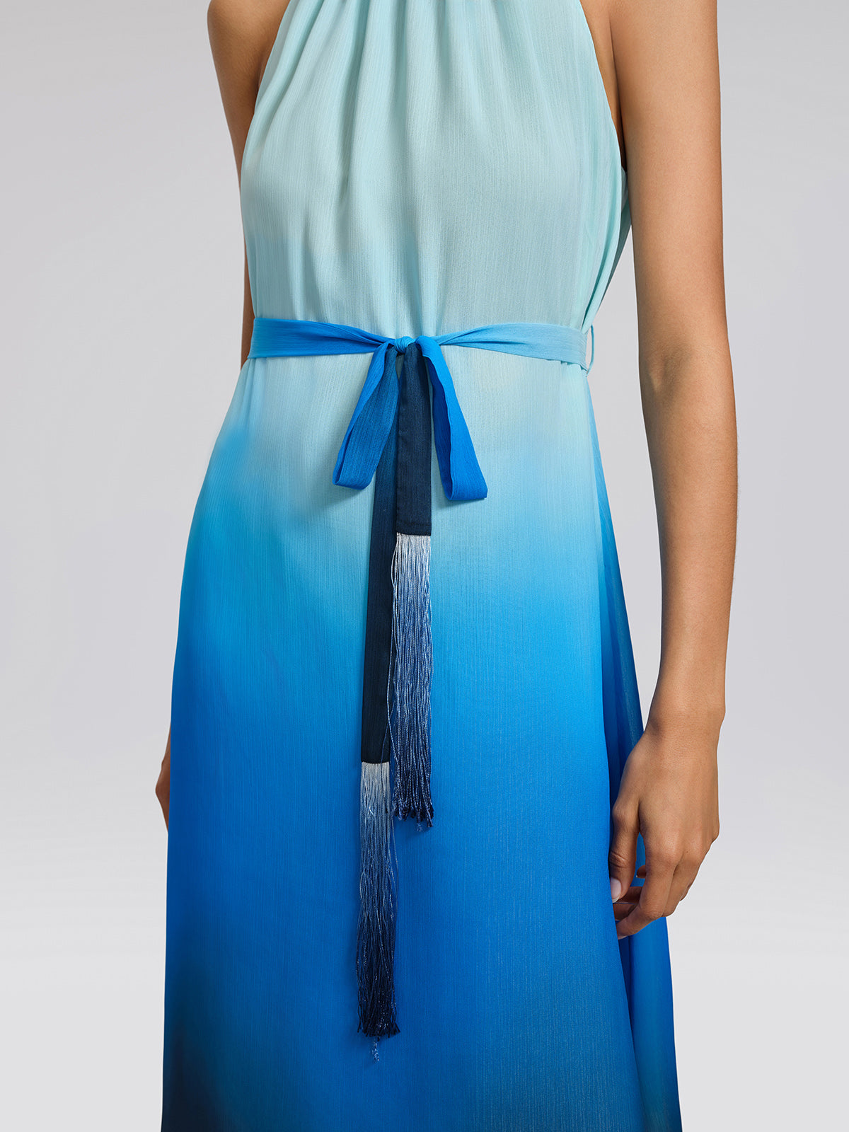 Pleated-Neck Tie-Detail Gradient Maxi Dress (Waist Tie Included)