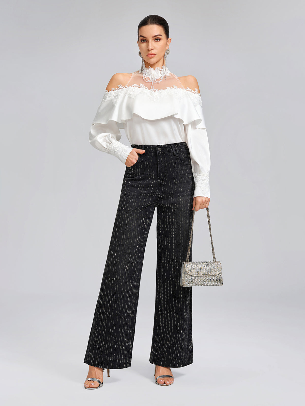 Vertical Stripe Rhinestone Jeans