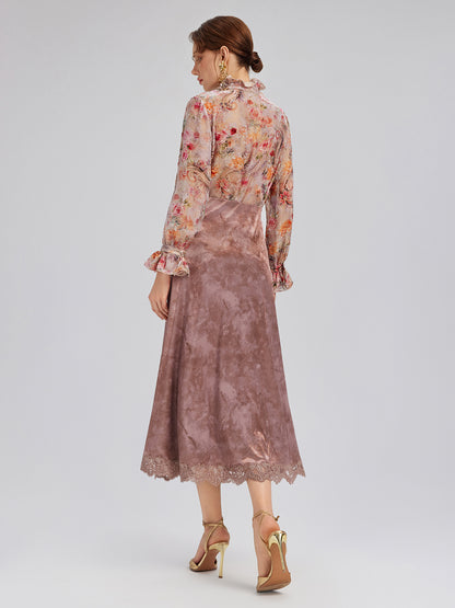 Chestnut Velvet Lace-Trim Fishtail Skirt