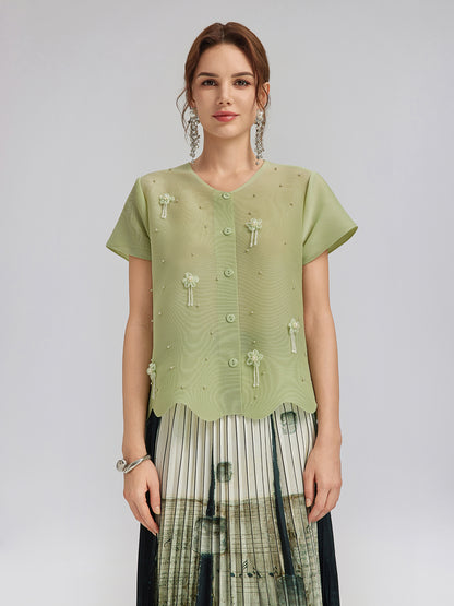 Tassel Floral Pleats Beading V-Neck Top