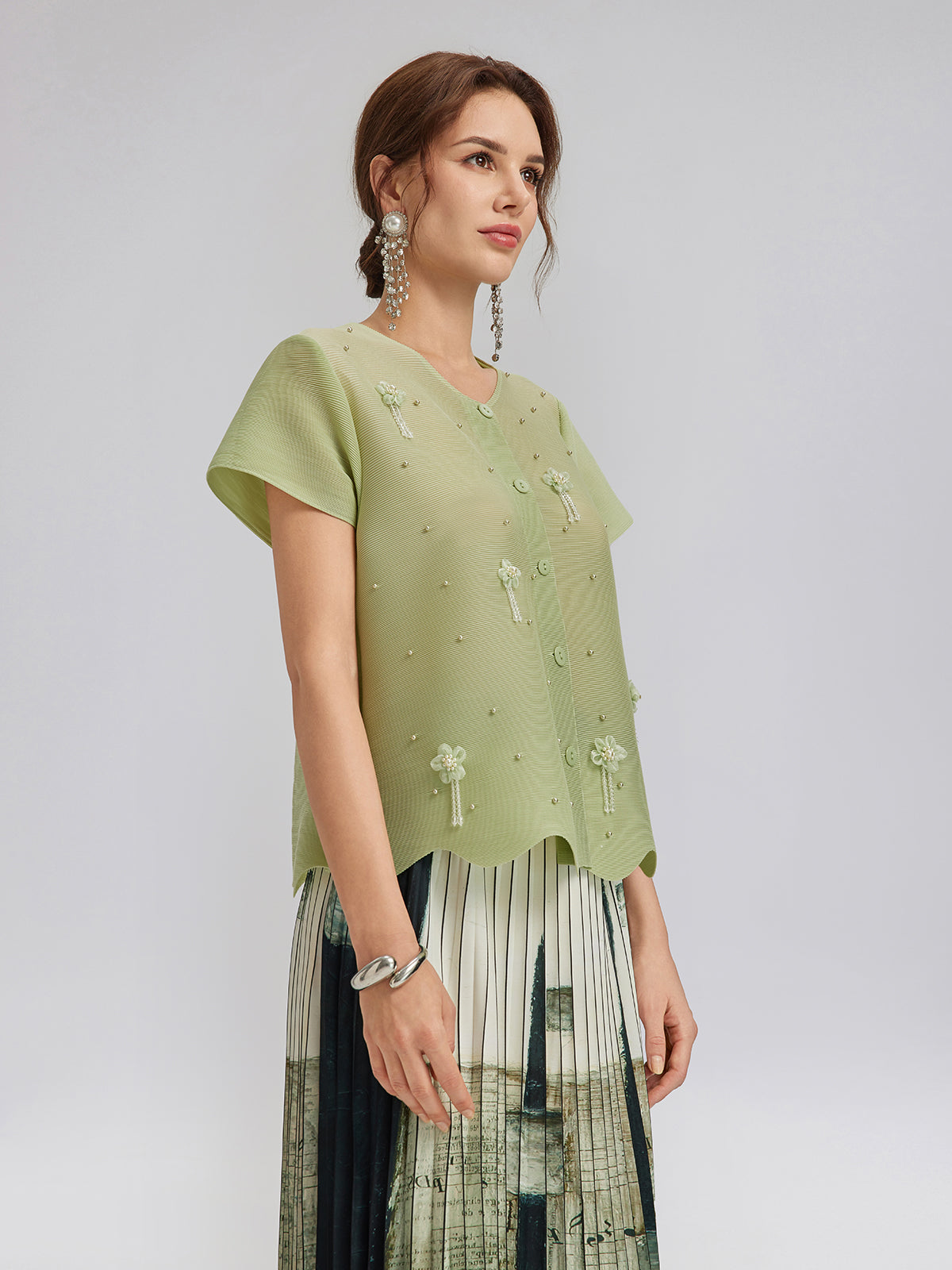 Tassel Floral Pleats Beading V-Neck Top