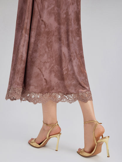 Chestnut Velvet Lace-Trim Fishtail Skirt