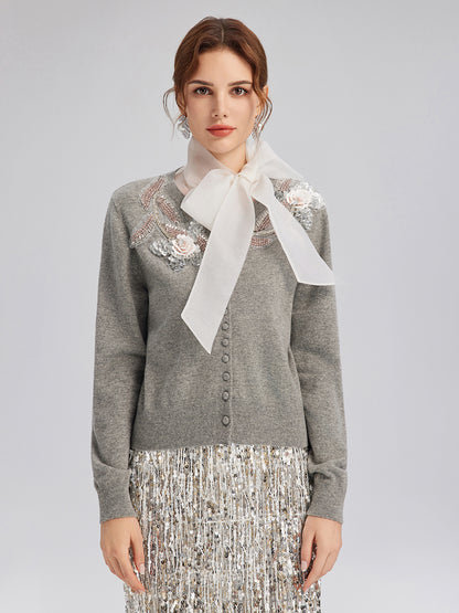 Wool Knit Beaded Cardigan (100% Wool)