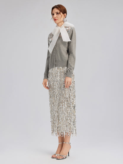 Wool Knit Beaded Cardigan (100% Wool)