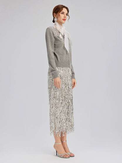 Wool Knit Beaded Cardigan (100% Wool)