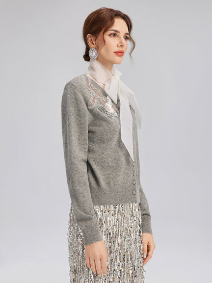 Wool Knit Beaded Cardigan (100% Wool)