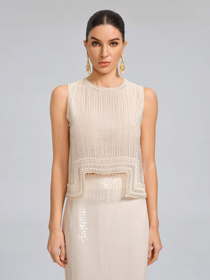 Asymmetric Hem Pearl Rhinestone Vest