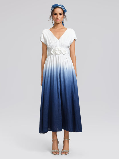 Linen Tie-Dye Resort Maxi Dress (3D Floral Waist Rope Included)