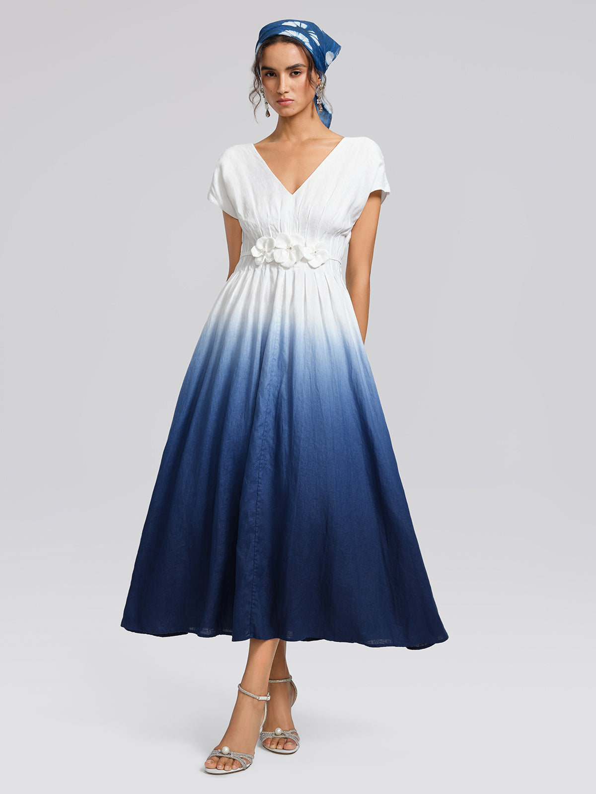 Linen Tie-Dye Resort Maxi Dress (3D Floral Waist Rope Included)