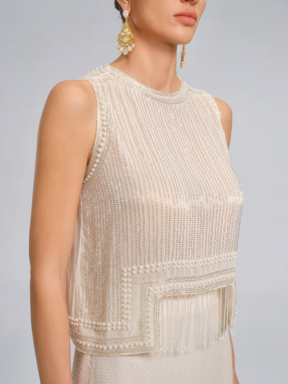 Asymmetric Hem Pearl Rhinestone Vest