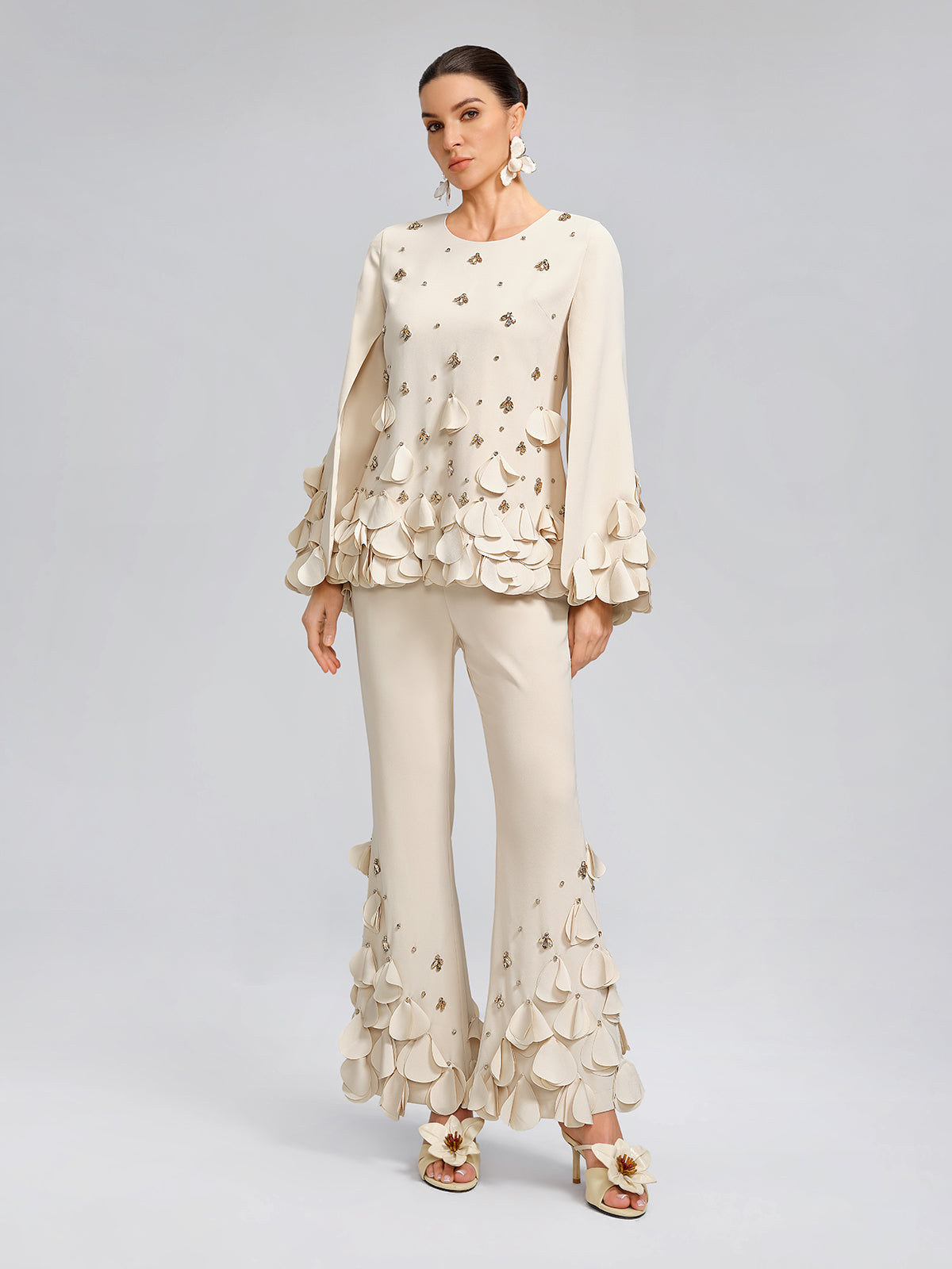 Hand-Sewn Beaded Sculptural Floral Trousers