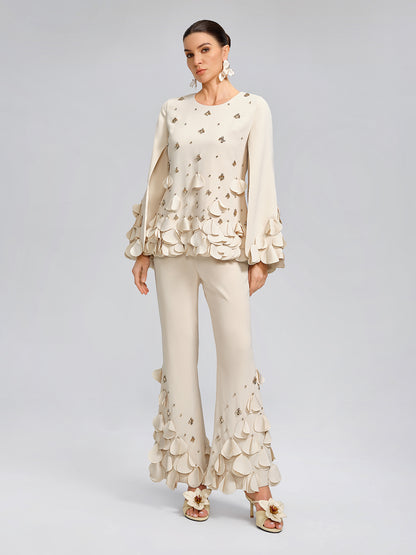 Hand-Sewn Beaded Sculptural Floral Trousers