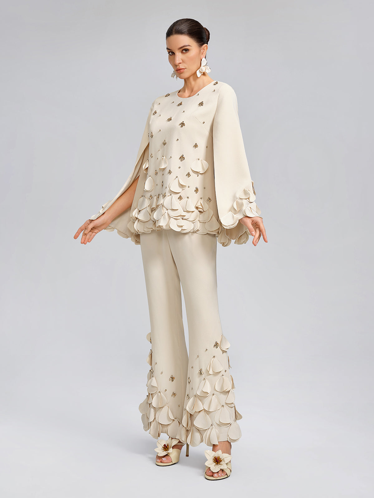 Hand-Sewn Beaded Sculptural Floral Trousers