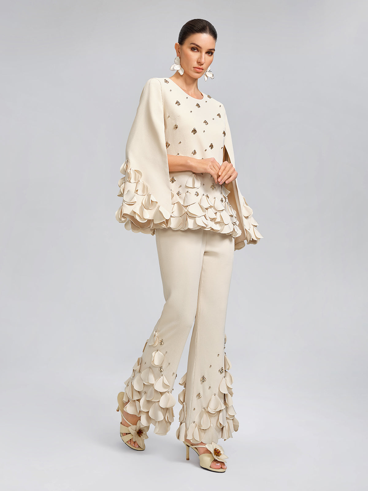 Hand-Sewn Beaded Sculptural Floral Trousers